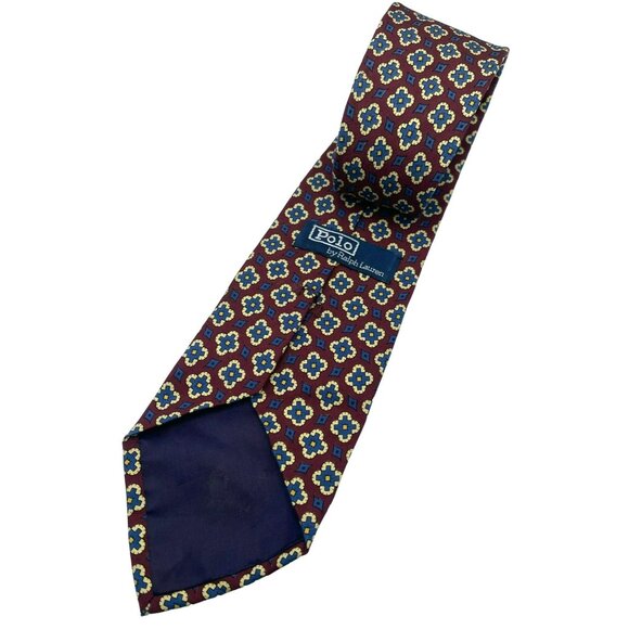 Polo By Ralph Lauren Mens Tie Burgundy Navy Geometric Handcrafted Italian Silk - Picture 3 of 7